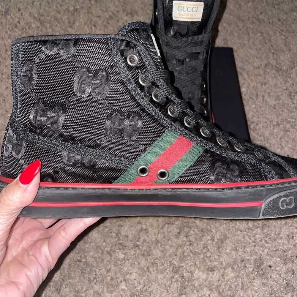 100% Authentic Gucci Tennis 1977 High Top GG Sneakers Black US M 9, W 10.5